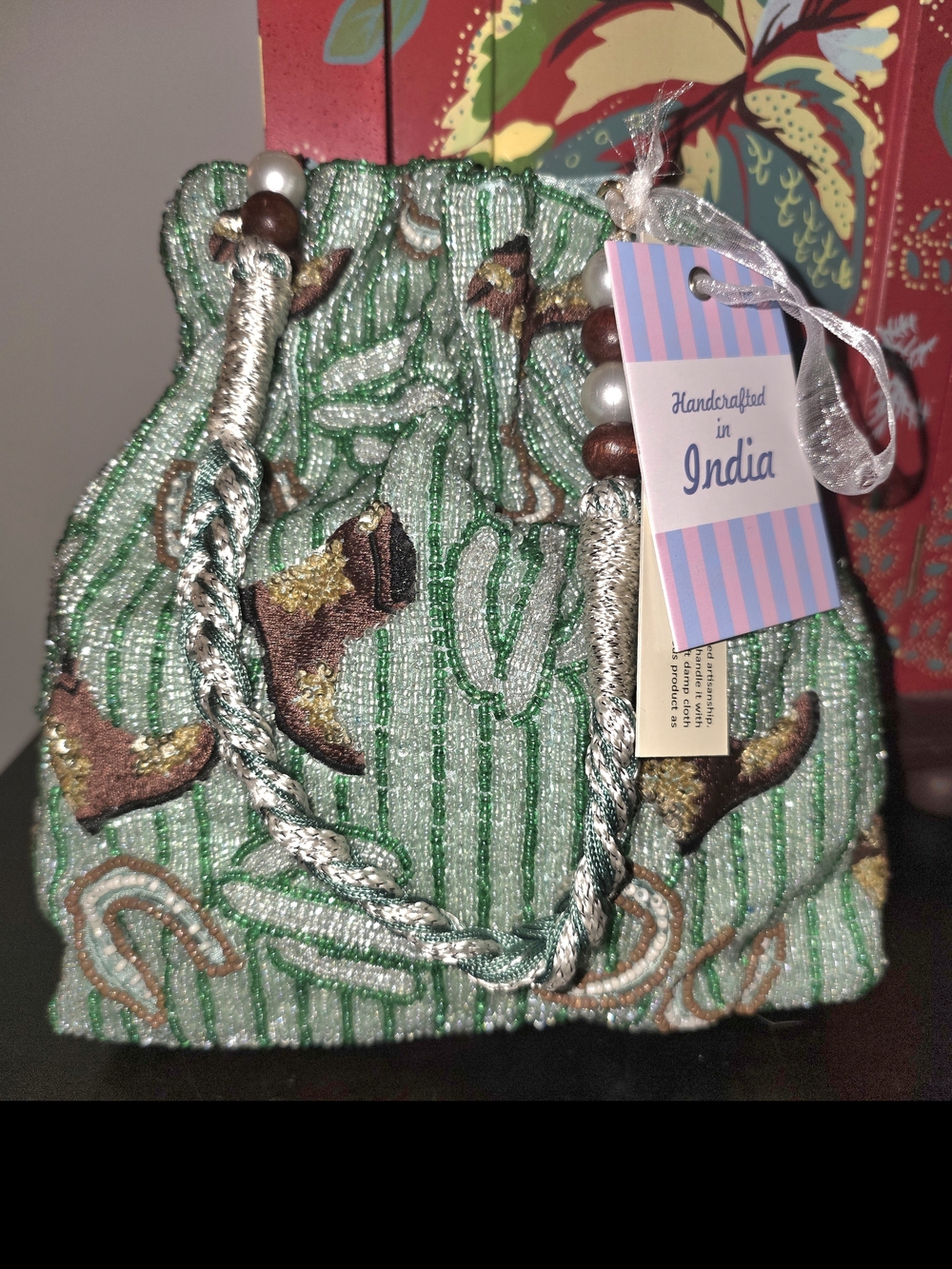 Handcrafted In INDIA Green W/ Cowboy Boots Embroidered Beaded Bag